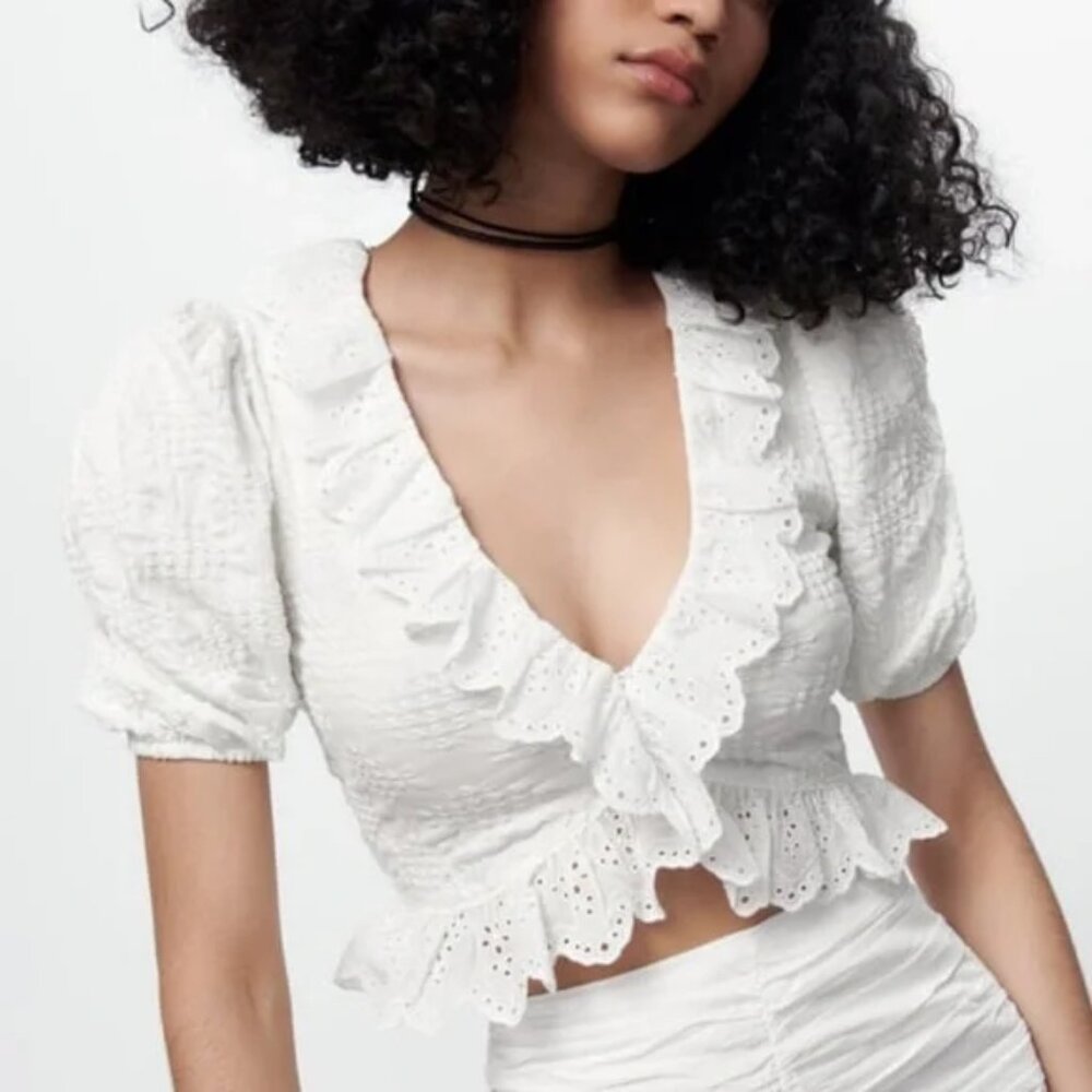 NWT ZARA White Ruffle Eyelet Crop Top Size M